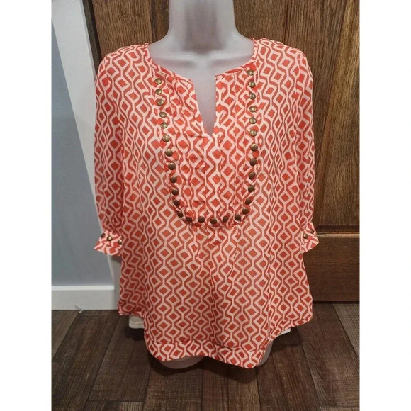 41 Hawthorn Stitch Fix Metal Studded Blouse Top 3/4 Sleeve Chiffon Geo Print LG - Picture 1 of 6